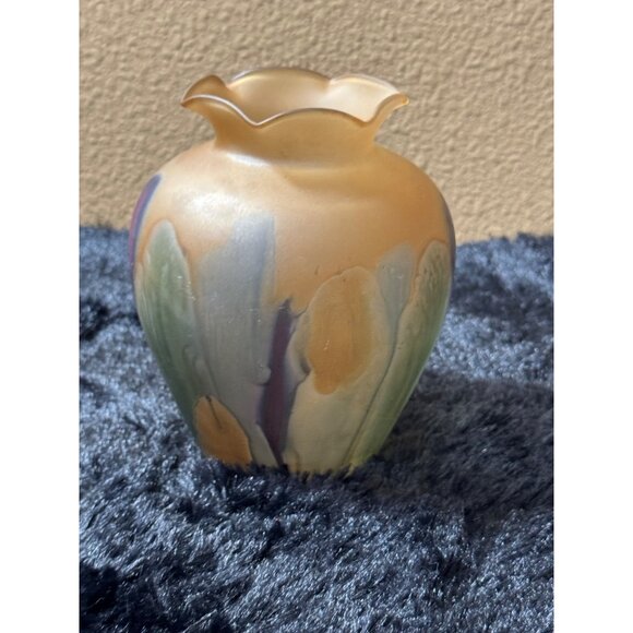 Hand Painted Rueven Orange Blues Art Glass Vase Multicolor Swirl Design 5" tall - Picture 3 of 6